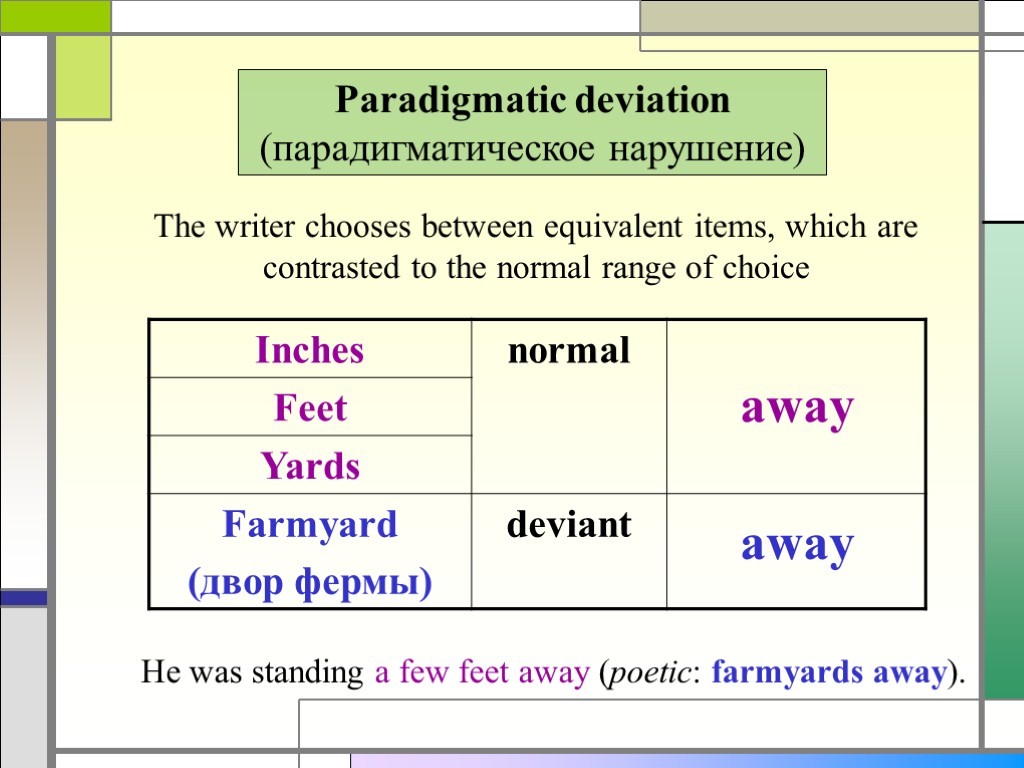 Paradigmatic deviation (парадигматическое нарушение) The writer chooses between equivalent items, which are contrasted to